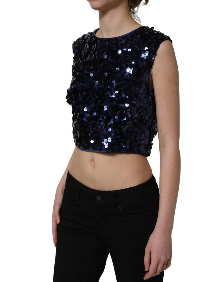 Dolce &amp; Gabbana Sample Sale | Dolce &amp; Gabbana Blue Sequined Sleeveless Cropped Tank Top - | Designer outlet