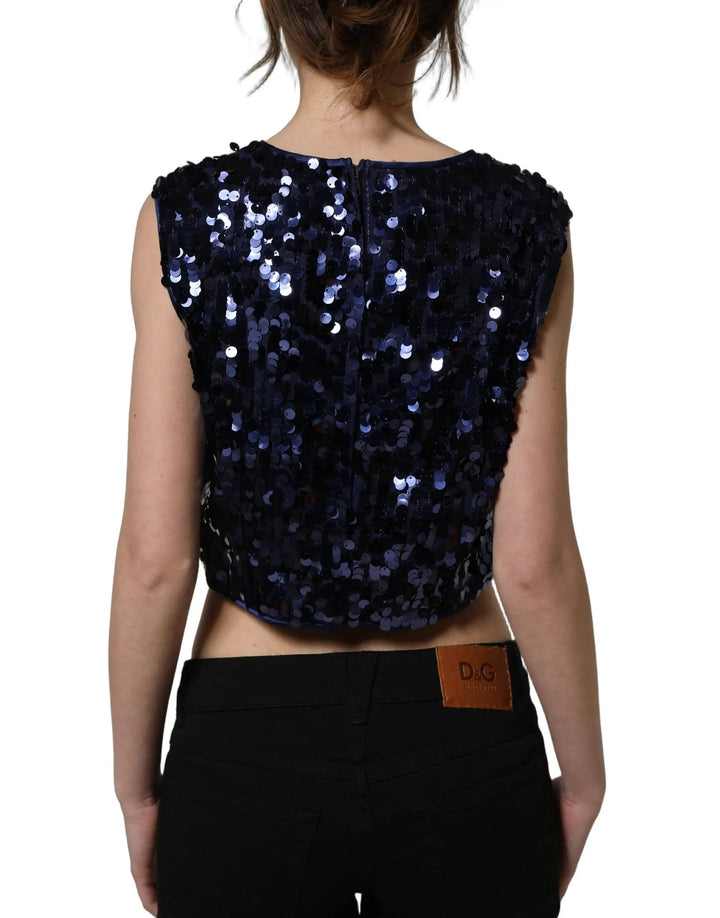 Dolce &amp; Gabbana Sample Sale | Dolce &amp; Gabbana Blue Sequined Sleeveless Cropped Tank Top - | Designer outlet