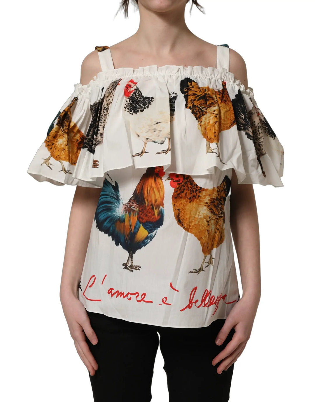Dolce &amp; Gabbana Sample Sale | Dolce &amp; Gabbana White Rooster Print Poplin Off The Shoulder Top - | Designer outlet
