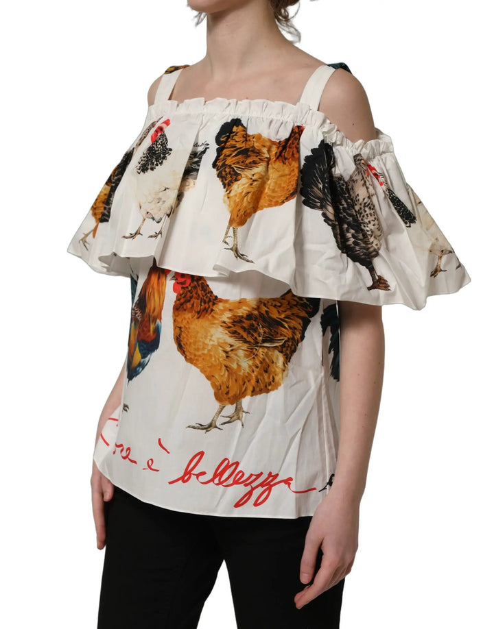 Dolce &amp; Gabbana Sample Sale | Dolce &amp; Gabbana White Rooster Print Poplin Off The Shoulder Top - | Designer outlet