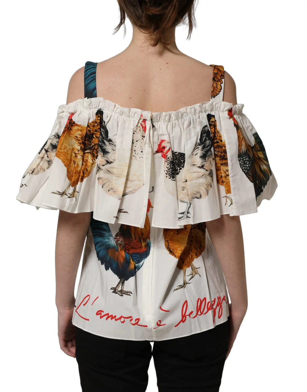 Dolce &amp; Gabbana Sample Sale | Dolce &amp; Gabbana White Rooster Print Poplin Off The Shoulder Top - | Designer outlet