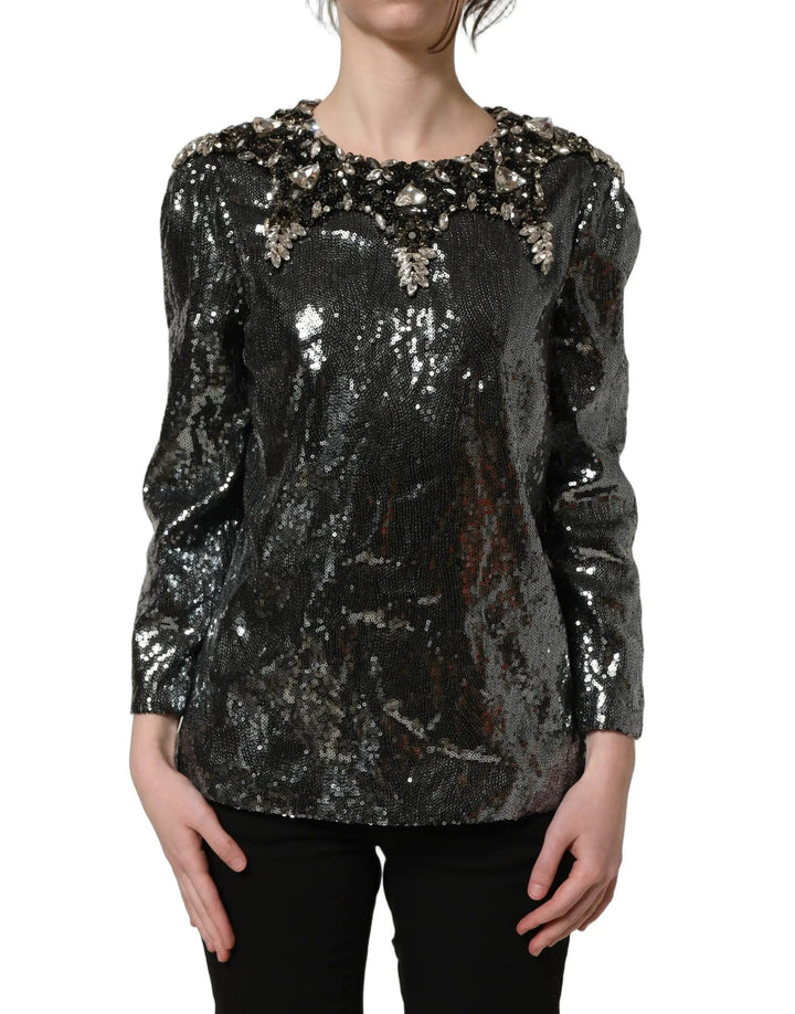Dolce &amp; Gabbana Sample Sale | Dolce &amp; Gabbana Metallic Gray Sequin Embellished Blouse Top - | Designer outlet