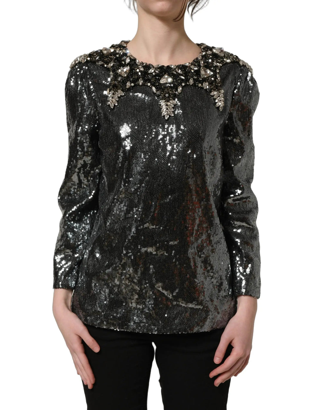 Dolce &amp; Gabbana Sample Sale | Dolce &amp; Gabbana Metallic Gray Sequin Embellished Blouse Top - | Designer outlet