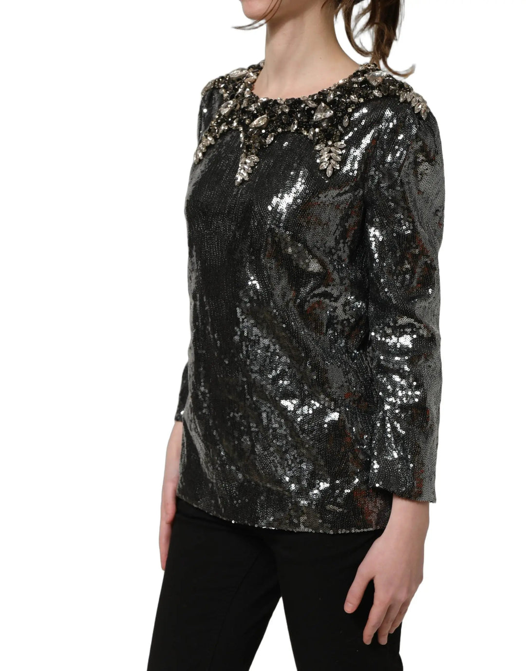 Dolce &amp; Gabbana Sample Sale | Dolce &amp; Gabbana Metallic Gray Sequin Embellished Blouse Top - | Designer outlet