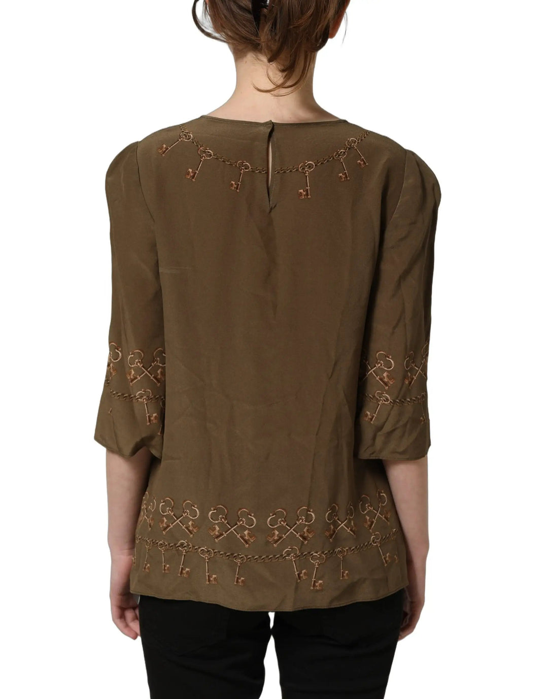 Dolce &amp; Gabbana Sample Sale | Dolce &amp; Gabbana Brown Keys Roses Printed Silk Blouse Top - | Designer outlet