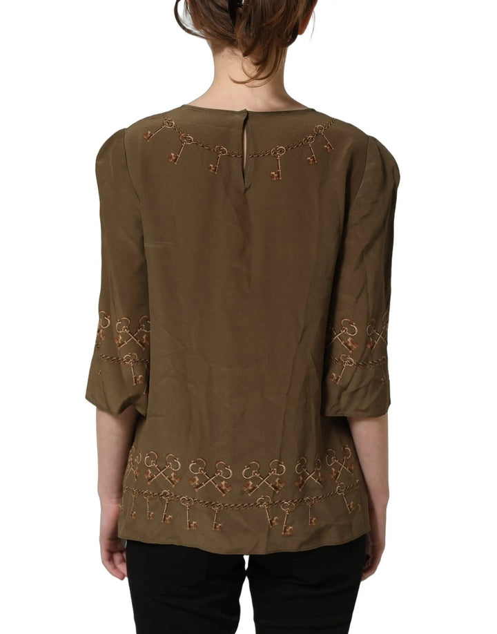 Dolce &amp; Gabbana Sample Sale | Dolce &amp; Gabbana Brown Keys Roses Printed Silk Blouse Top - | Designer outlet