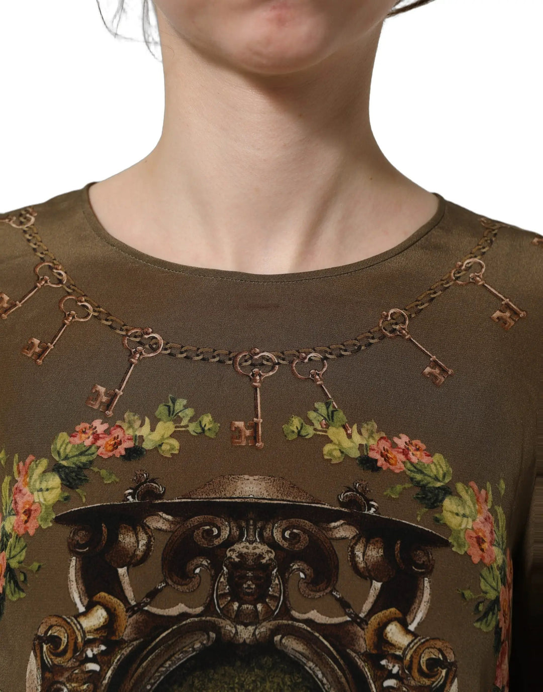 Dolce &amp; Gabbana Sample Sale | Dolce &amp; Gabbana Brown Keys Roses Printed Silk Blouse Top - | Designer outlet