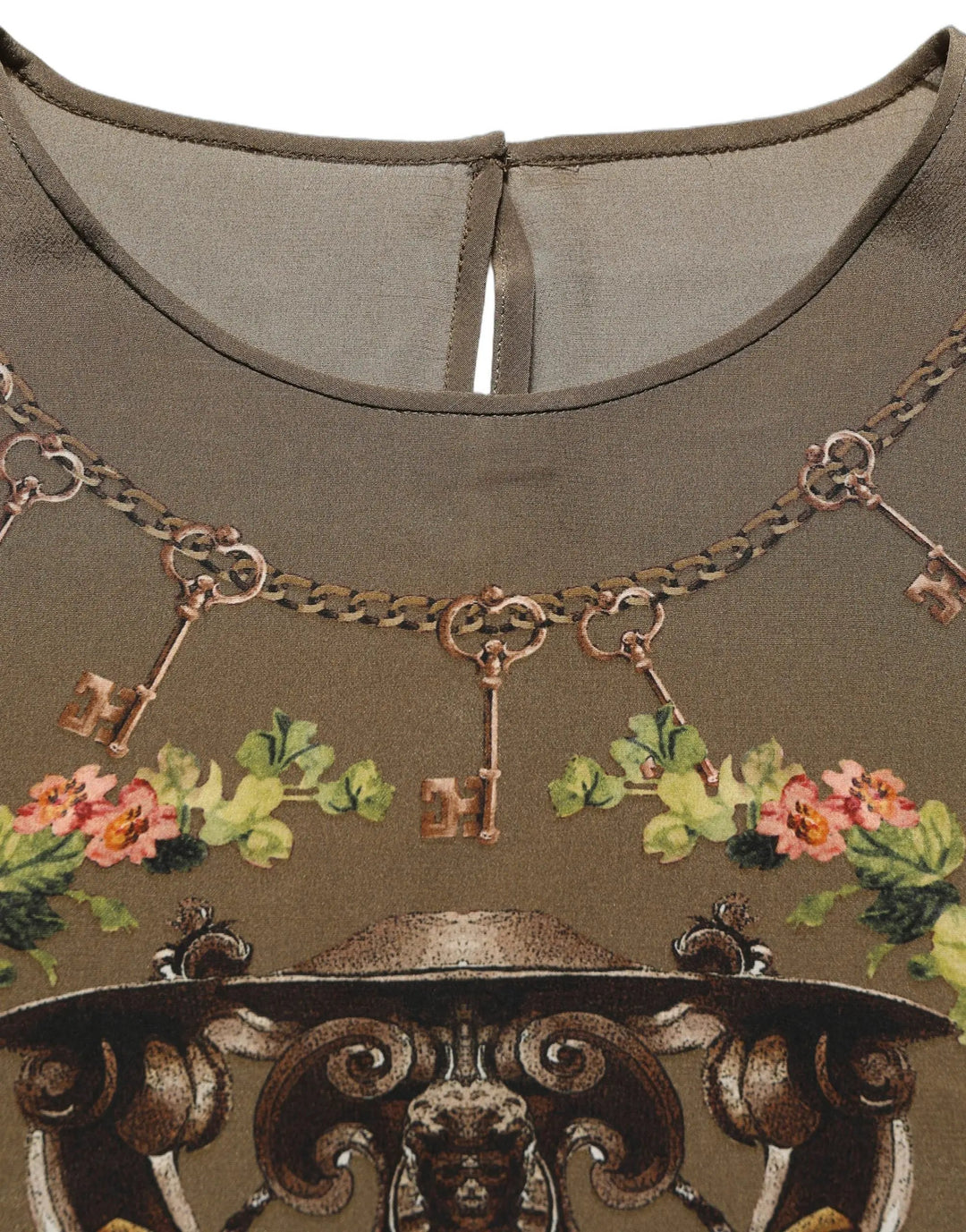 Dolce &amp; Gabbana Sample Sale | Dolce &amp; Gabbana Brown Keys Roses Printed Silk Blouse Top - | Designer outlet