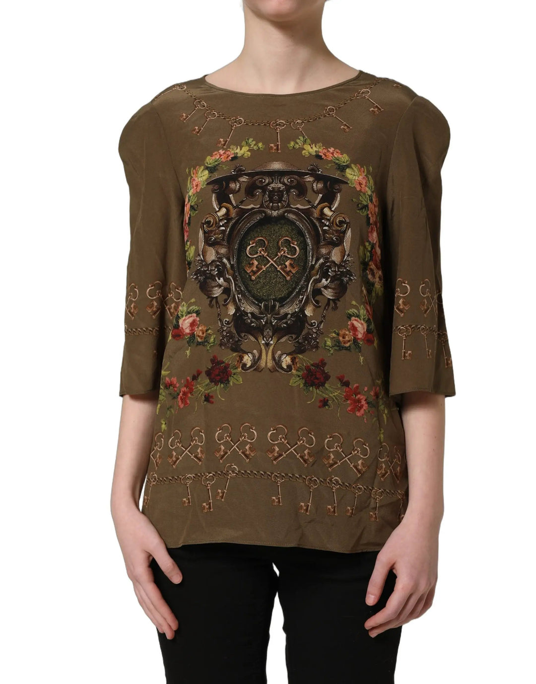 Dolce &amp; Gabbana Sample Sale | Dolce &amp; Gabbana Brown Keys Roses Printed Silk Blouse Top - | Designer outlet