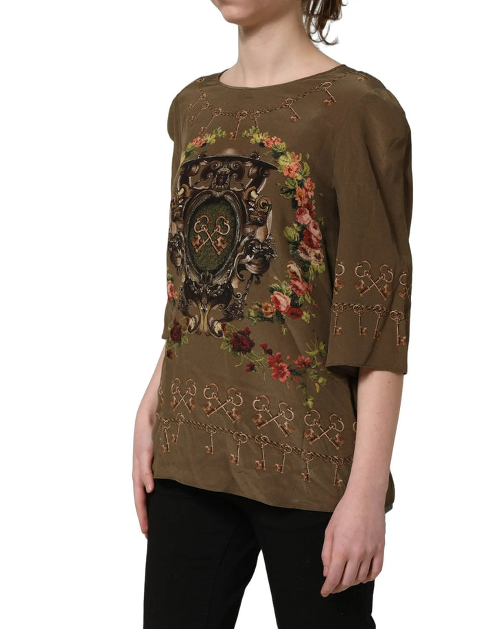 Dolce &amp; Gabbana Sample Sale | Dolce &amp; Gabbana Brown Keys Roses Printed Silk Blouse Top - | Designer outlet