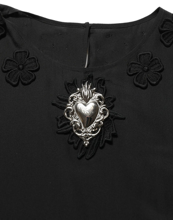 Dolce &amp; Gabbana Sample Sale | Dolce &amp; Gabbana Black Floral Silk Heart Appliqué Blouse Top - | Designer outlet