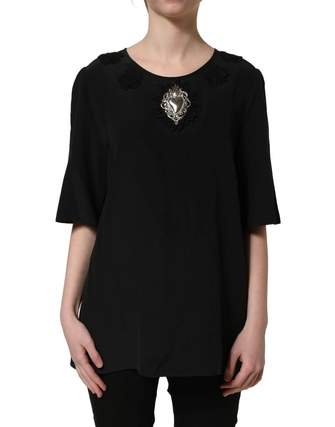 Dolce &amp; Gabbana Sample Sale | Dolce &amp; Gabbana Black Floral Silk Heart Appliqué Blouse Top - | Designer outlet