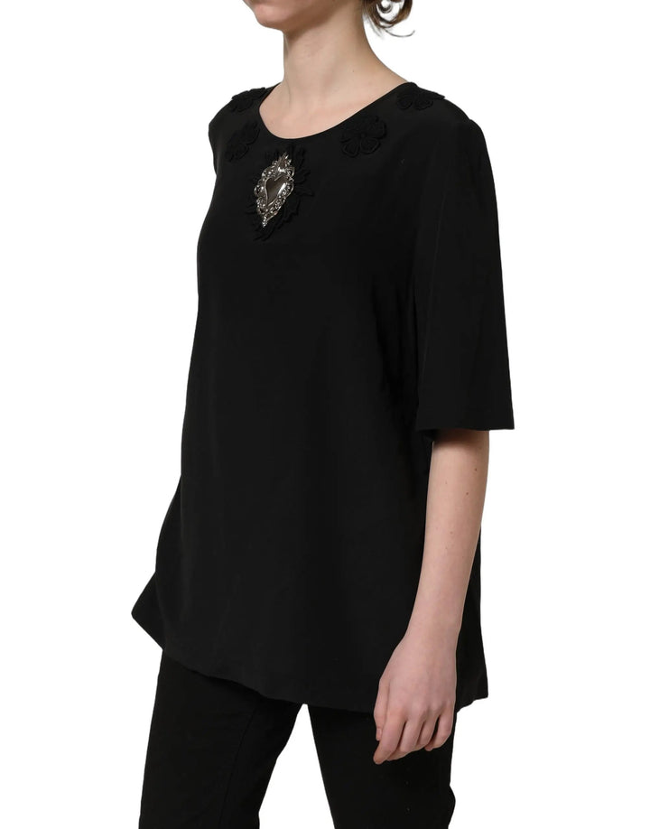 Dolce &amp; Gabbana Sample Sale | Dolce &amp; Gabbana Black Floral Silk Heart Appliqué Blouse Top - | Designer outlet