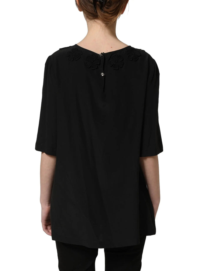 Dolce &amp; Gabbana Sample Sale | Dolce &amp; Gabbana Black Floral Silk Heart Appliqué Blouse Top - | Designer outlet