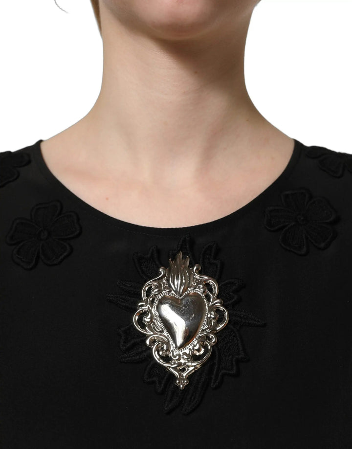 Dolce &amp; Gabbana Sample Sale | Dolce &amp; Gabbana Black Floral Silk Heart Appliqué Blouse Top - | Designer outlet