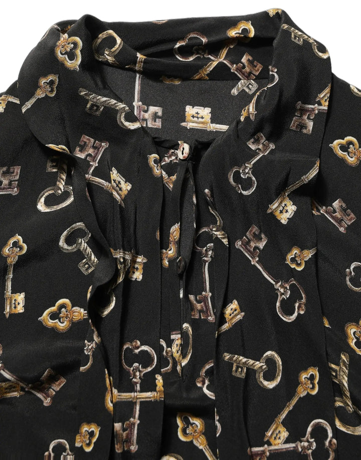 Dolce &amp; Gabbana Sample Sale | Dolce &amp; Gabbana Black Keys Print Silk Tie Neck Blouse Top - | Designer outlet