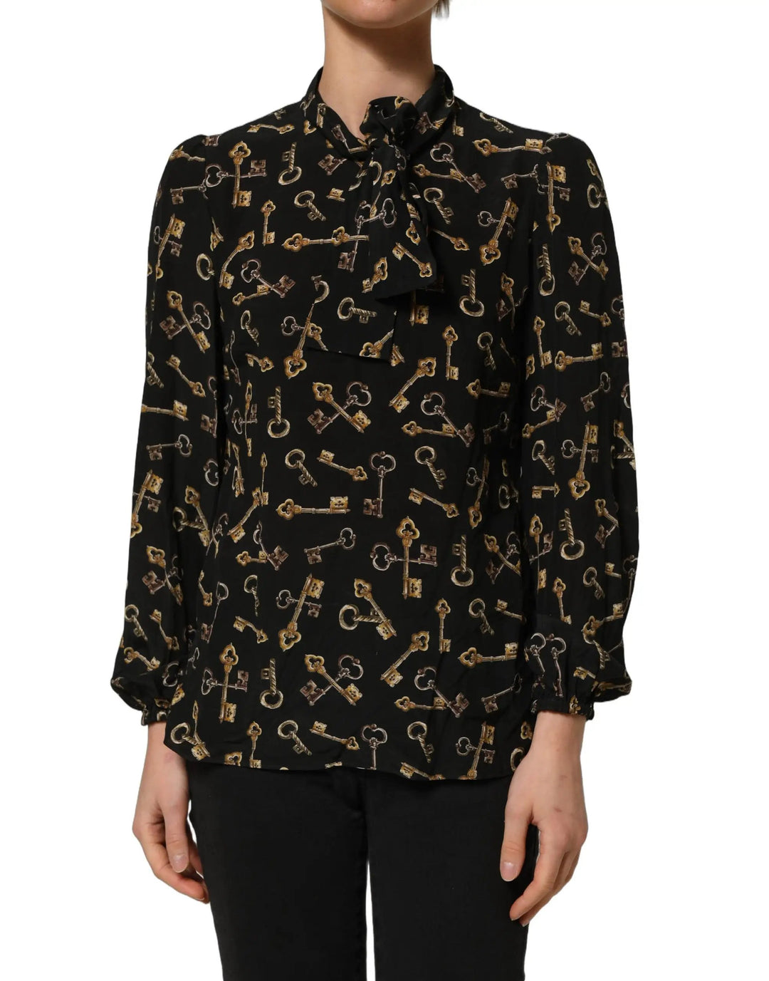 Dolce &amp; Gabbana Sample Sale | Dolce &amp; Gabbana Black Keys Print Silk Tie Neck Blouse Top - | Designer outlet