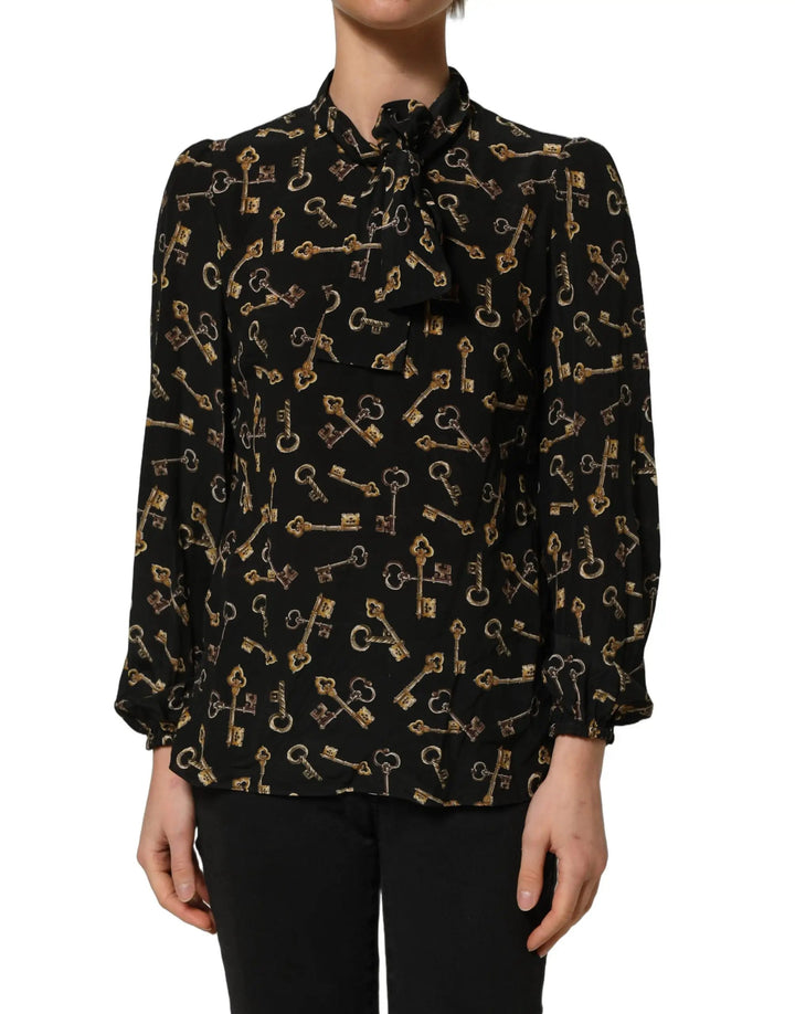 Dolce &amp; Gabbana Sample Sale | Dolce &amp; Gabbana Black Keys Print Silk Tie Neck Blouse Top - | Designer outlet