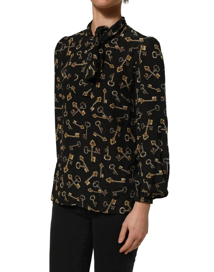 Dolce &amp; Gabbana Sample Sale | Dolce &amp; Gabbana Black Keys Print Silk Tie Neck Blouse Top - | Designer outlet
