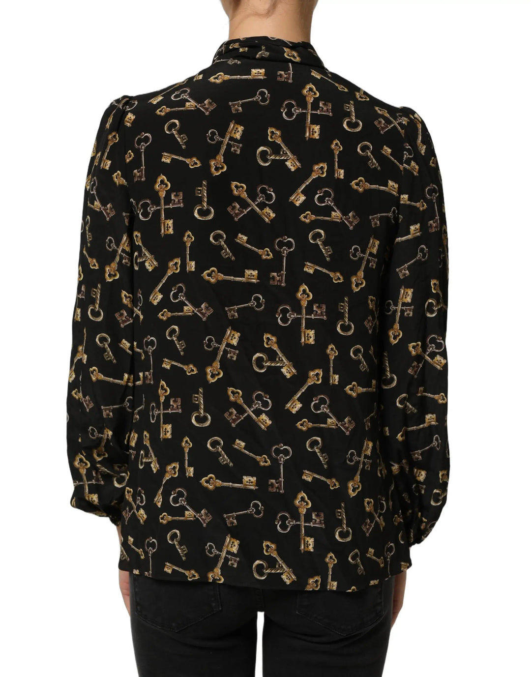 Dolce &amp; Gabbana Sample Sale | Dolce &amp; Gabbana Black Keys Print Silk Tie Neck Blouse Top - | Designer outlet