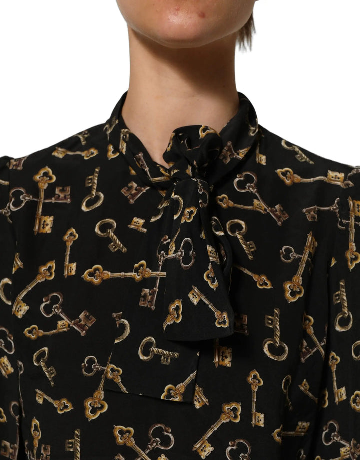 Dolce &amp; Gabbana Sample Sale | Dolce &amp; Gabbana Black Keys Print Silk Tie Neck Blouse Top - | Designer outlet