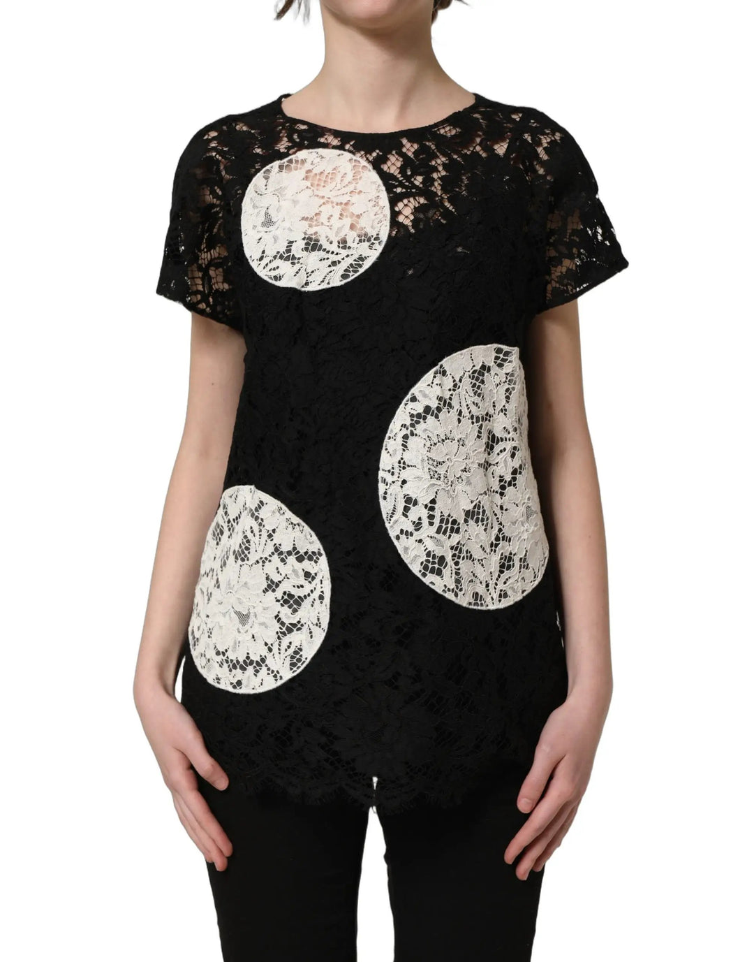 Dolce &amp; Gabbana Sample Sale | Dolce &amp; Gabbana Black White Floral Lace Short Sleeve Blouse Top - | Designer outlet