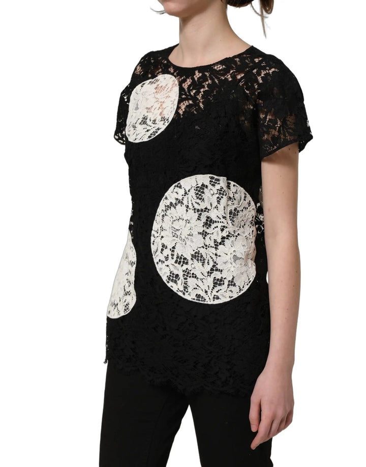 Dolce &amp; Gabbana Sample Sale | Dolce &amp; Gabbana Black White Floral Lace Short Sleeve Blouse Top - | Designer outlet