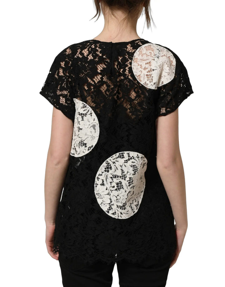 Dolce &amp; Gabbana Sample Sale | Dolce &amp; Gabbana Black White Floral Lace Short Sleeve Blouse Top - | Designer outlet