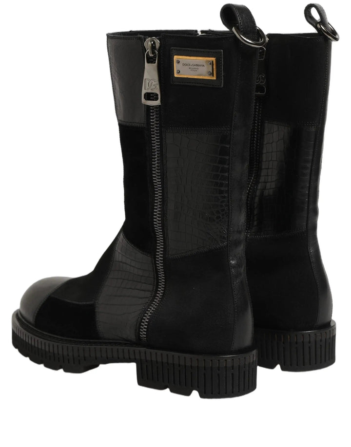 Dolce &amp; Gabbana Sample Sale | Dolce &amp; Gabbana Black Patchwork Leather Mid Calf Boots Shoes - | Designer outlet