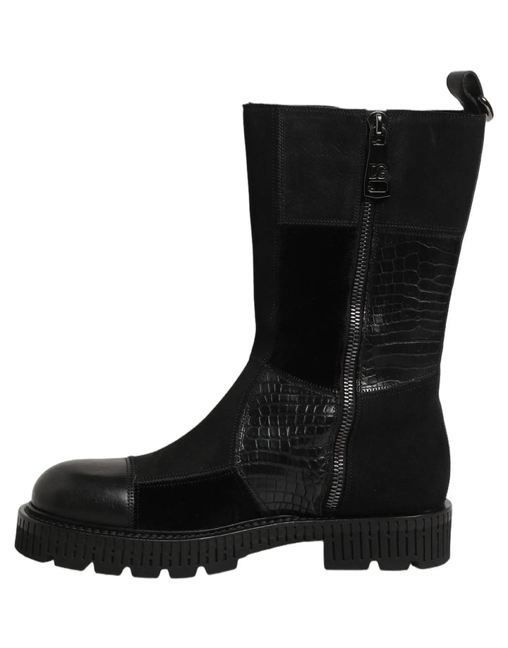 Dolce &amp; Gabbana Sample Sale | Dolce &amp; Gabbana Black Patchwork Leather Mid Calf Boots Shoes - | Designer outlet