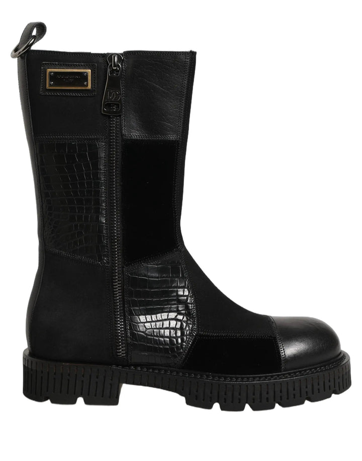 Dolce &amp; Gabbana Sample Sale | Dolce &amp; Gabbana Black Patchwork Leather Mid Calf Boots Shoes - | Designer outlet