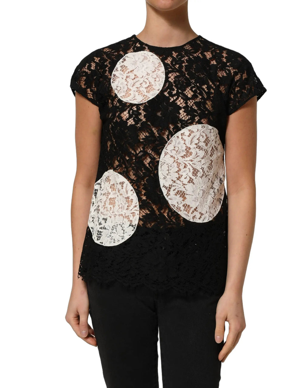 Dolce & Gabbana Sample Sale | Dolce & Gabbana Black White Floral Lace Short Sleeve Blouse Top - | Designer outlet