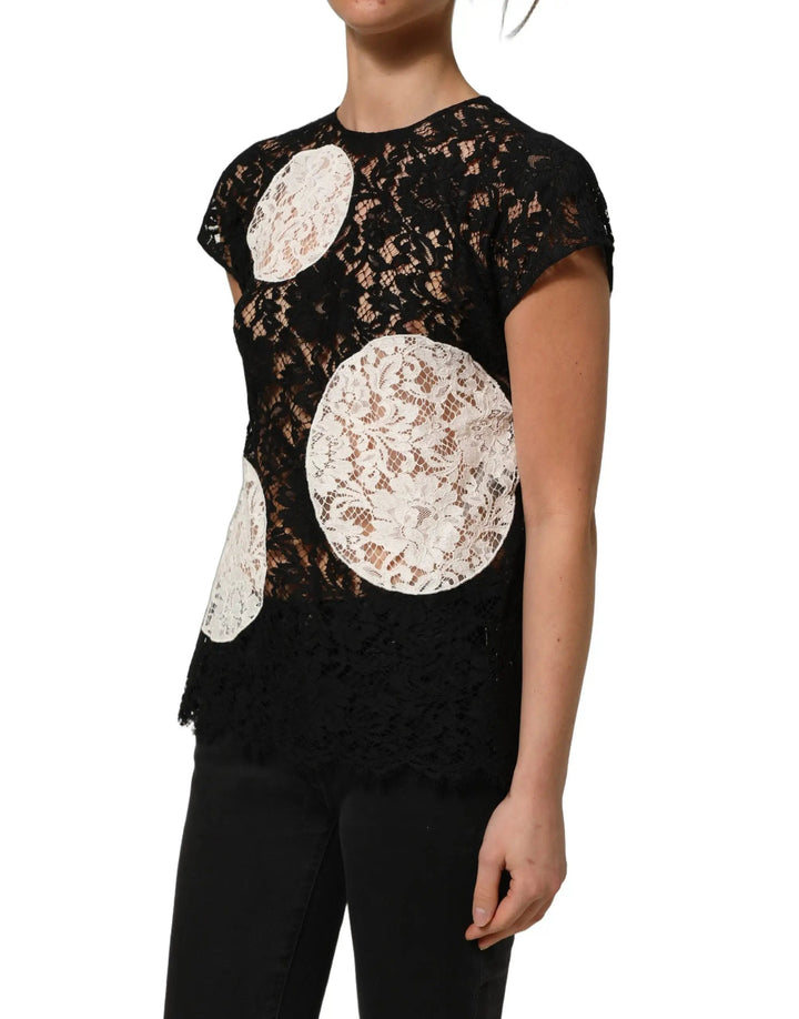 Dolce &amp; Gabbana Sample Sale | Dolce &amp; Gabbana Black White Floral Lace Short Sleeve Blouse Top - | Designer outlet