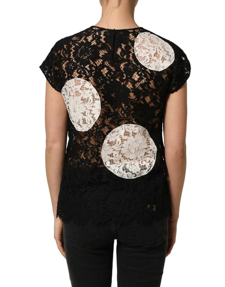 Dolce &amp; Gabbana Sample Sale | Dolce &amp; Gabbana Black White Floral Lace Short Sleeve Blouse Top - | Designer outlet