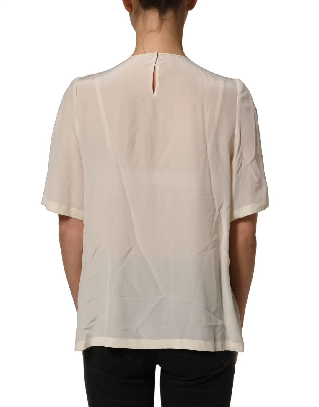 Dolce &amp; Gabbana Sample Sale | Dolce &amp; Gabbana Beige Lace Trim Bow Short Sleeves Blouse Top - | Designer outlet