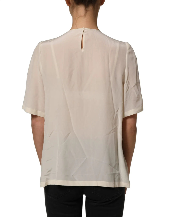 Dolce &amp; Gabbana Sample Sale | Dolce &amp; Gabbana Beige Lace Trim Bow Short Sleeves Blouse Top - | Designer outlet