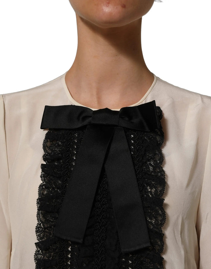 Dolce &amp; Gabbana Sample Sale | Dolce &amp; Gabbana Beige Lace Trim Bow Short Sleeves Blouse Top - | Designer outlet