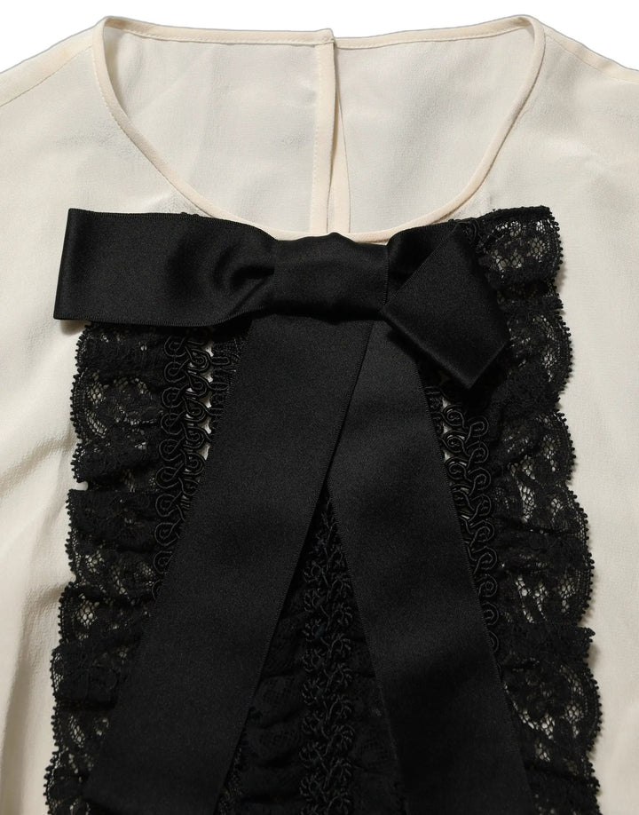 Dolce &amp; Gabbana Sample Sale | Dolce &amp; Gabbana Beige Lace Trim Bow Short Sleeves Blouse Top - | Designer outlet