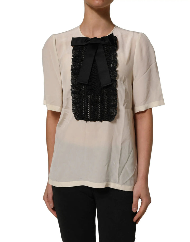 Dolce &amp; Gabbana Sample Sale | Dolce &amp; Gabbana Beige Lace Trim Bow Short Sleeves Blouse Top - | Designer outlet