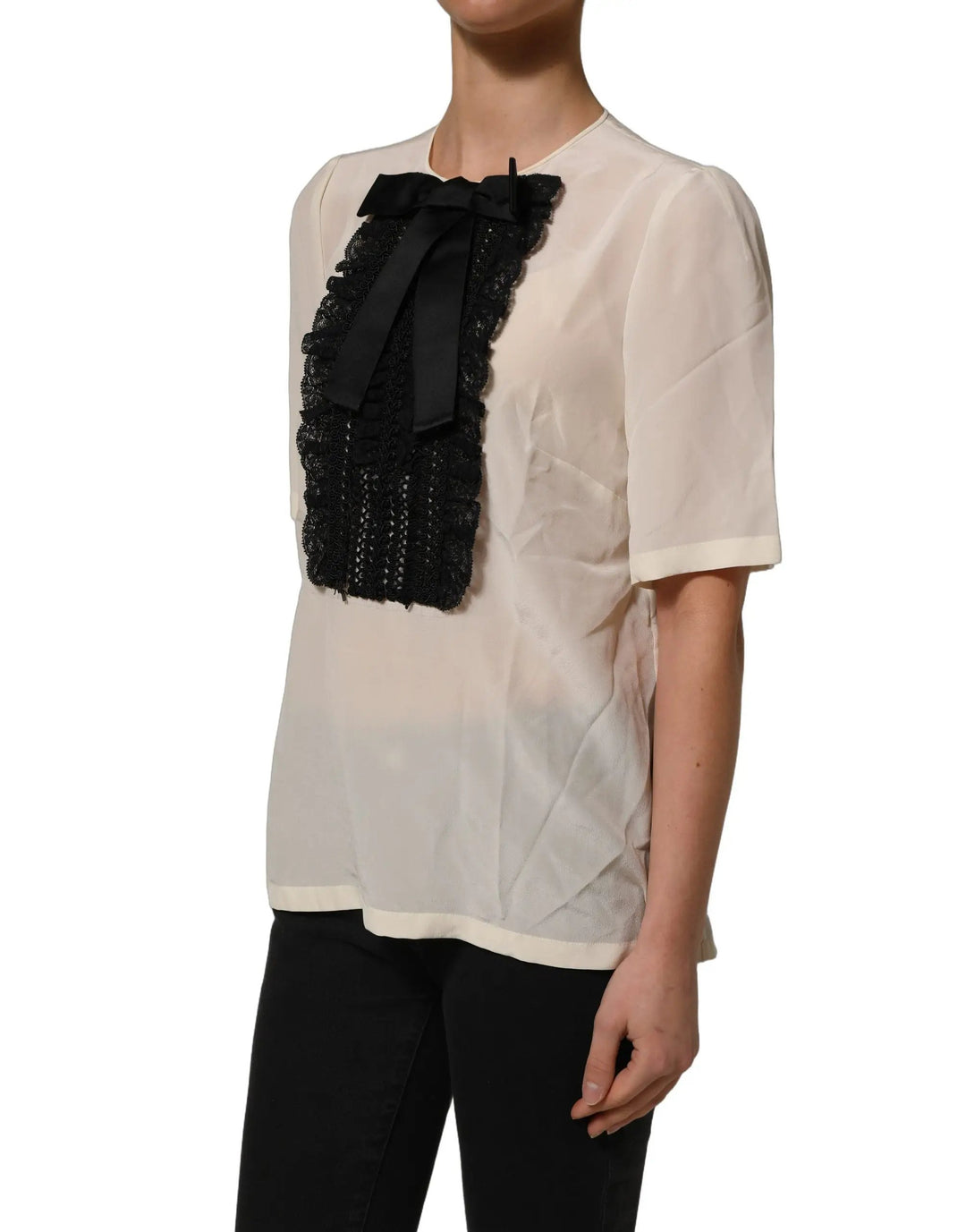 Dolce &amp; Gabbana Sample Sale | Dolce &amp; Gabbana Beige Lace Trim Bow Short Sleeves Blouse Top - | Designer outlet