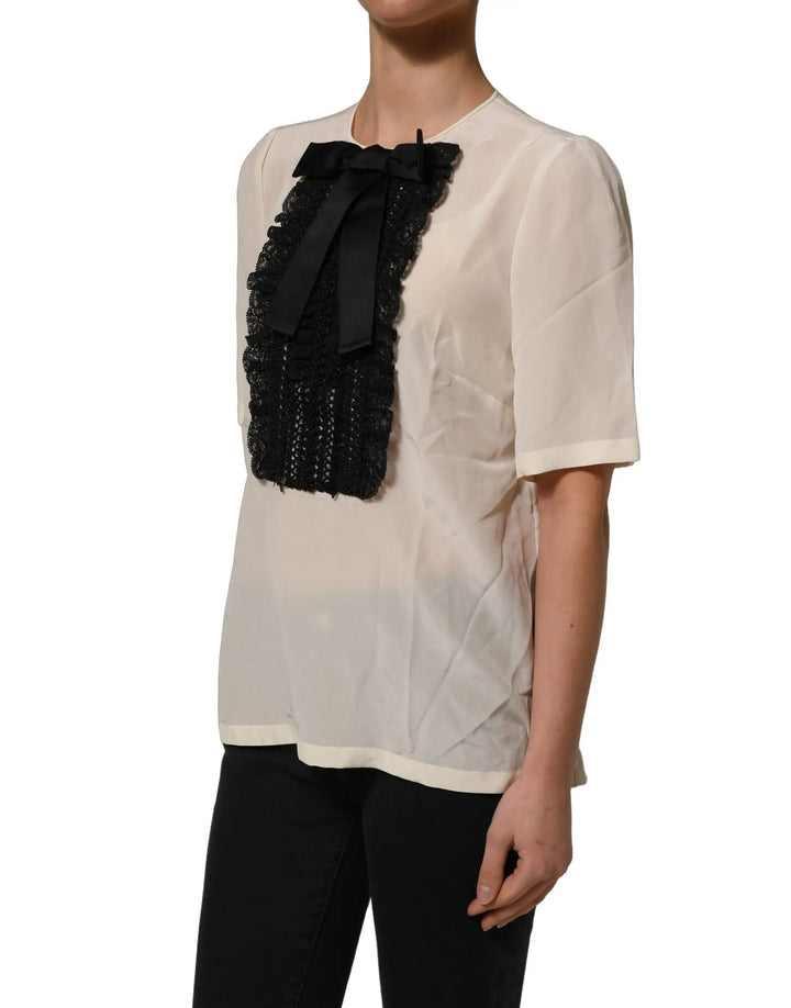 Dolce &amp; Gabbana Sample Sale | Dolce &amp; Gabbana Beige Lace Trim Bow Short Sleeves Blouse Top - | Designer outlet