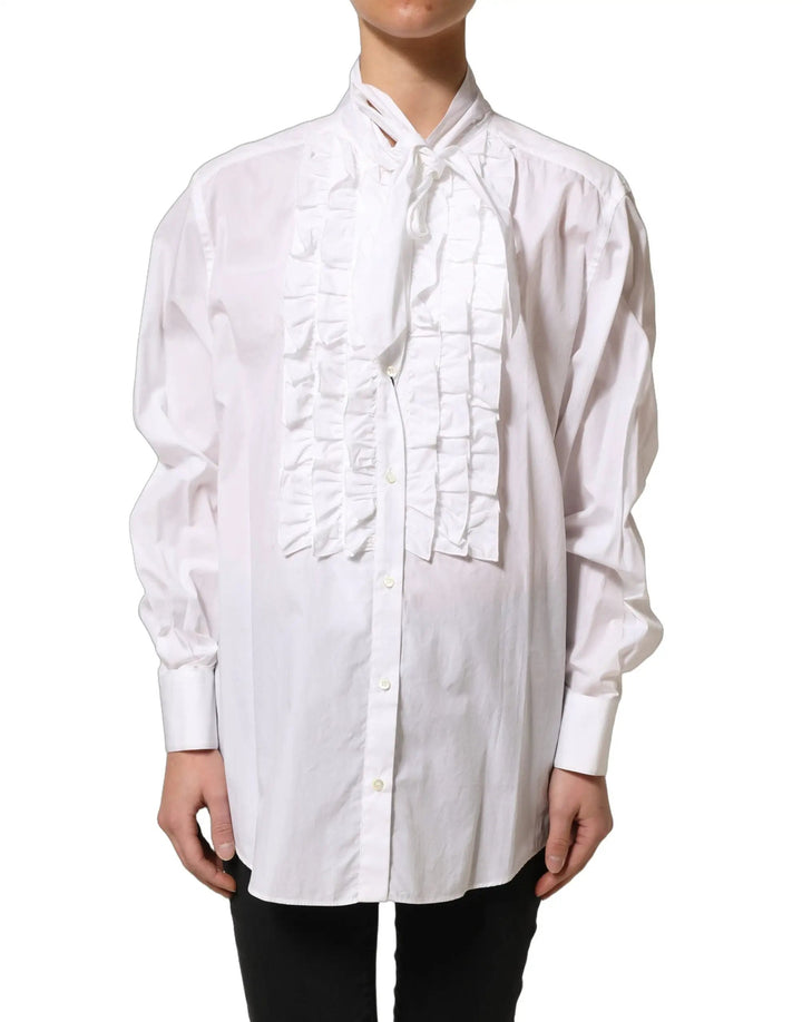 Dolce &amp; Gabbana Sample Sale | Dolce &amp; Gabbana White Ruffled Bib Long Sleeves Blouse Top - | Designer outlet