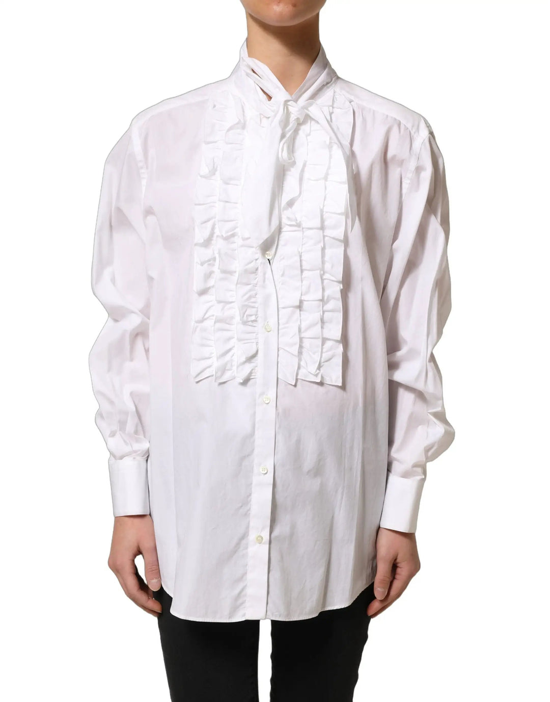 Dolce &amp; Gabbana Sample Sale | Dolce &amp; Gabbana White Ruffled Bib Long Sleeves Blouse Top - | Designer outlet
