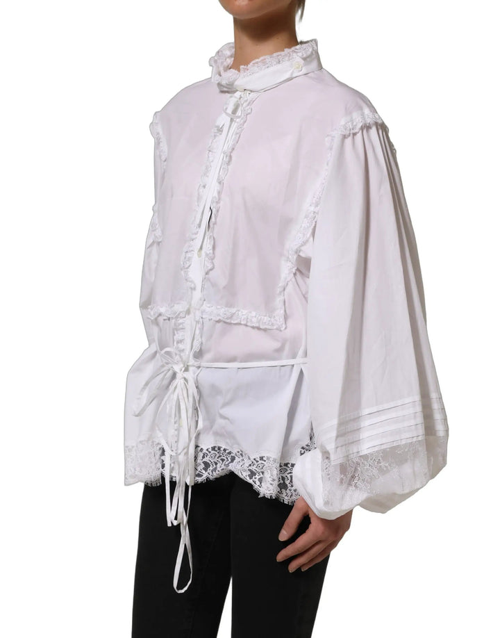 Dolce &amp; Gabbana Sample Sale | Dolce &amp; Gabbana White Ruffled Lace Embellished Blouse Top - | Designer outlet