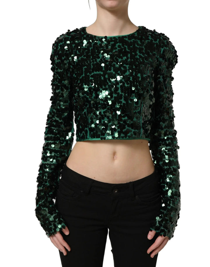 Dolce &amp; Gabbana Sample Sale | Dolce &amp; Gabbana Green Sequined Long Sleeves Crop Blouse Top - | Designer outlet