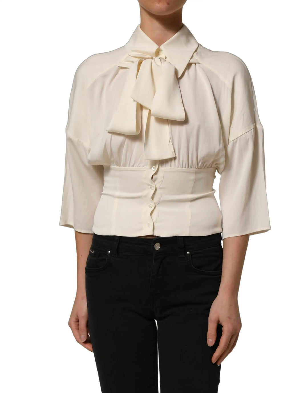 Dolce &amp; Gabbana Sample Sale | Dolce &amp; Gabbana Off White Ascot Collar Long Sleeves Blouse Top - | Designer outlet