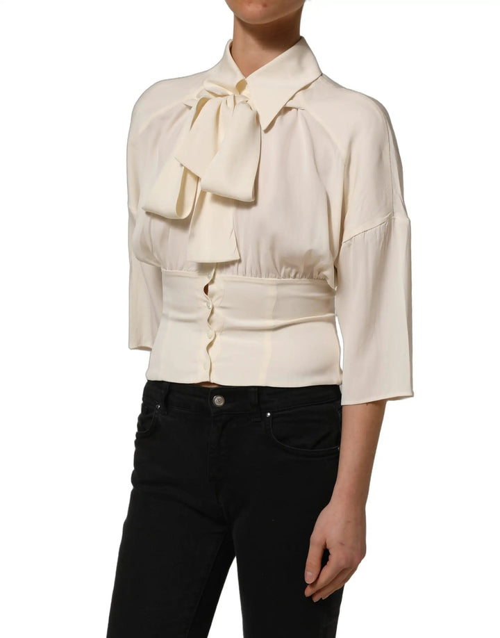 Dolce &amp; Gabbana Sample Sale | Dolce &amp; Gabbana Off White Ascot Collar Long Sleeves Blouse Top - | Designer outlet