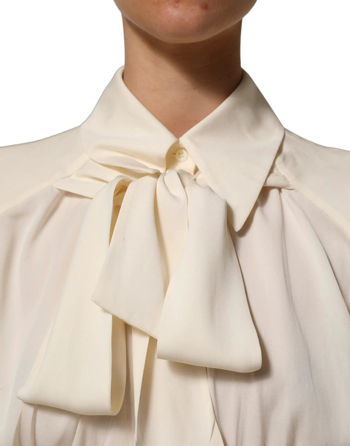 Dolce &amp; Gabbana Sample Sale | Dolce &amp; Gabbana Off White Ascot Collar Long Sleeves Blouse Top - | Designer outlet