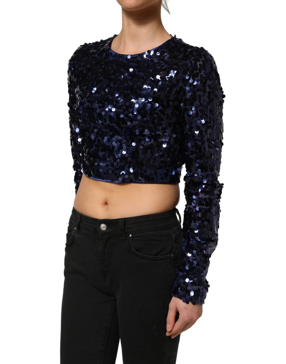 Dolce &amp; Gabbana Sample Sale | Dolce &amp; Gabbana Blue Sequined Long Sleeves Crop Blouse Top - | Designer outlet