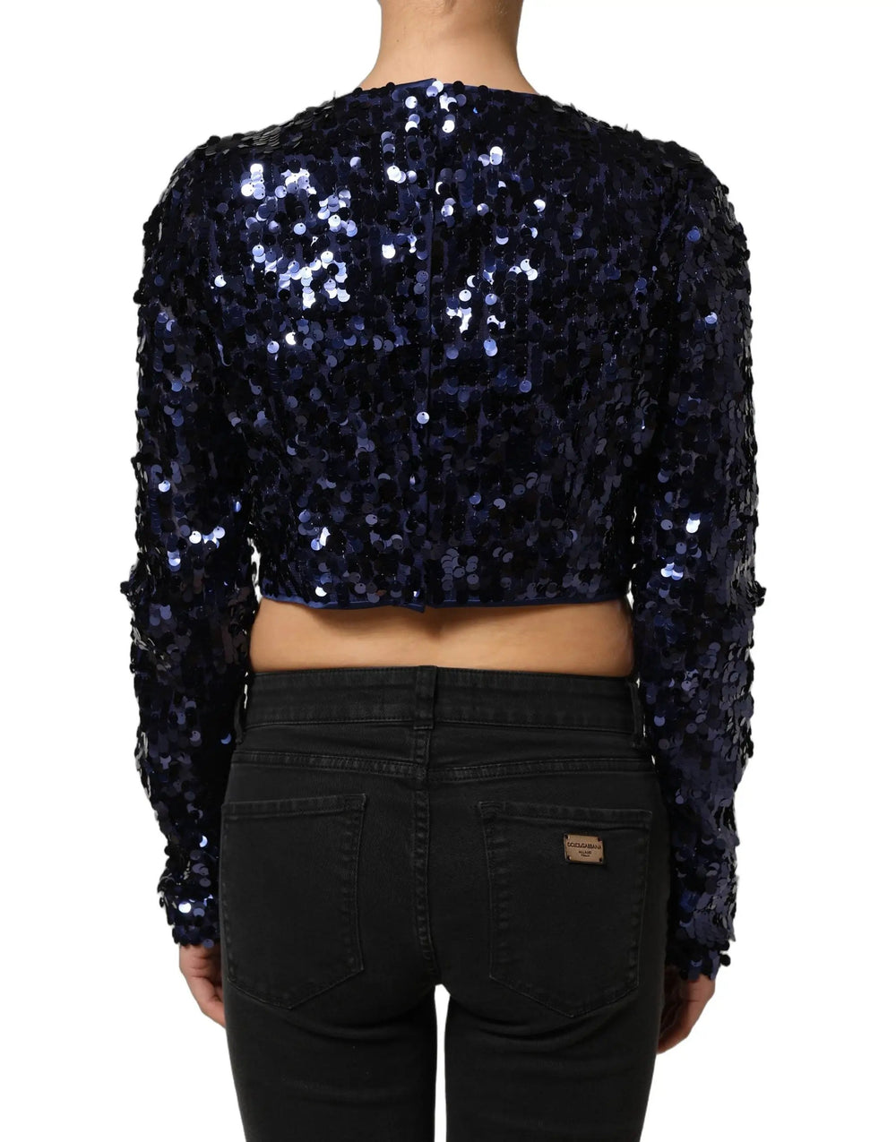 Dolce & Gabbana Sample Sale | Dolce & Gabbana Blue Sequined Long Sleeves Crop Blouse Top - | Designer outlet